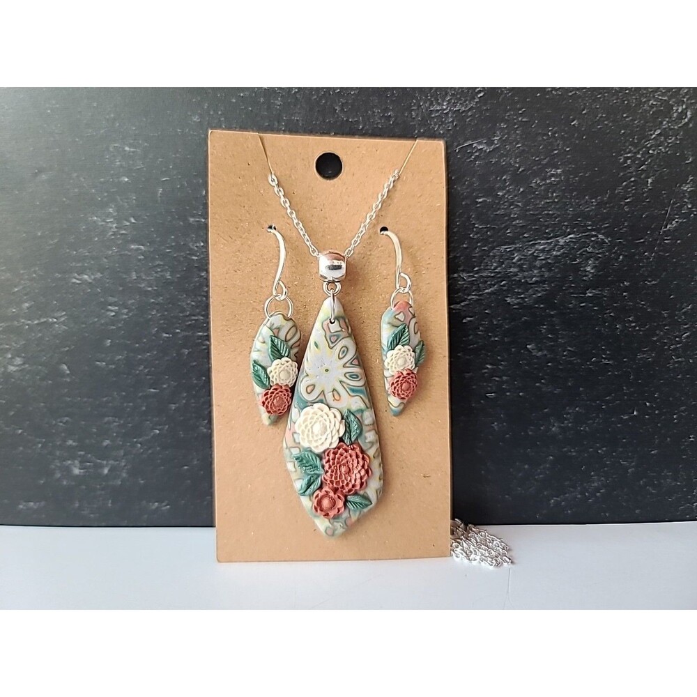 925 Sterling Silver Multicolored Floral Polymer Clay Jewelry Set, NEW